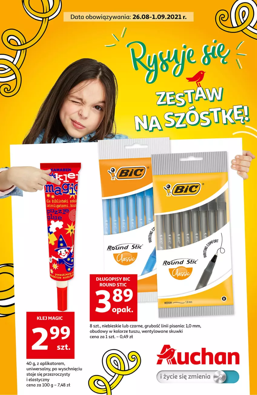 Gazetka promocyjna Auchan - Rysuje się zestaw na szóstkę Hipermarkety - ważna 26.08 do 01.09.2021 - strona 1 - produkty: BIC, Długopis, Klej, Tusz