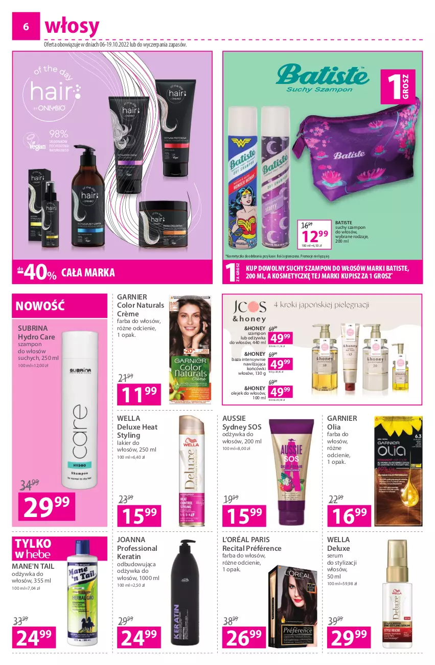 Gazetka promocyjna Hebe - Gazetka - ważna 06.10 do 19.10.2022 - strona 6 - produkty: Batiste, Fa, Farba do włosów, Garnier, Gra, Joanna, Kosmetyczka, L’Oréal, Lakier, Lakier do włosów, Odżywka, Olej, Rum, Ser, Serum, Sos, Suchy szampon, Szampon, Wella