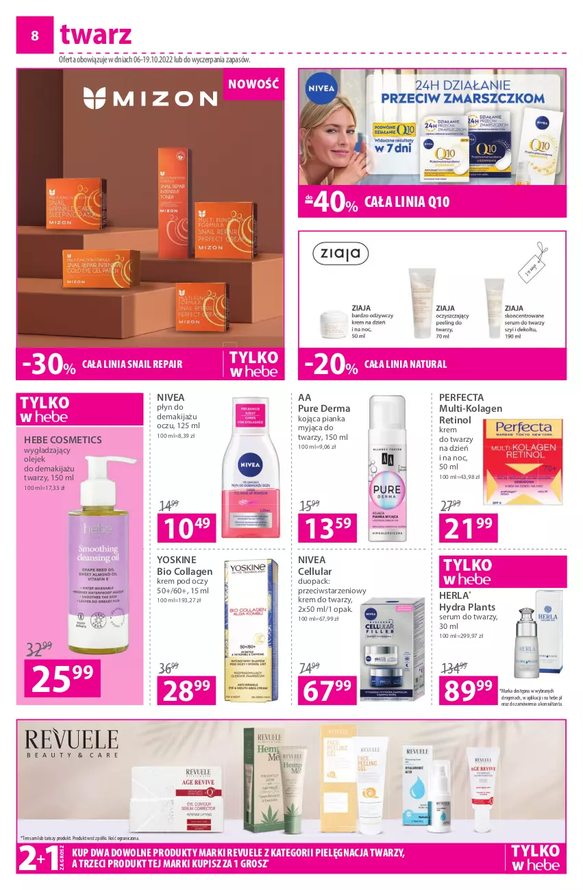 Gazetka promocyjna Hebe - Gazetka - ważna 06.10 do 19.10.2022 - strona 8 - produkty: Gra, Hebe Cosmetics, Kolagen, Krem do twarzy, Krem pod oczy, Makijaż, Nivea, Olej, Olejek do demakijażu, Perfecta, Pur, Revuele, Rum, Ser, Serum, Serum do twarzy, Yoskine