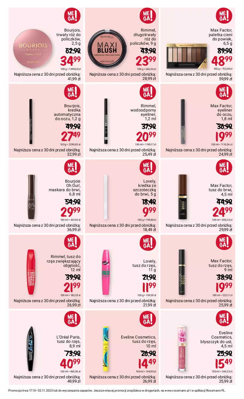 Gazetka promocyjna Rossmann - 17 października - ważna 17.10 do 02.11.2023 - strona 10 - produkty: Błyszczyk do ust, Bourjois, Eveline, Fa, Kredka, L’Oréal, Lovely, Maska, Maskara, Max Factor, Paletka cieni, Por, Róż do policzków, Tusz