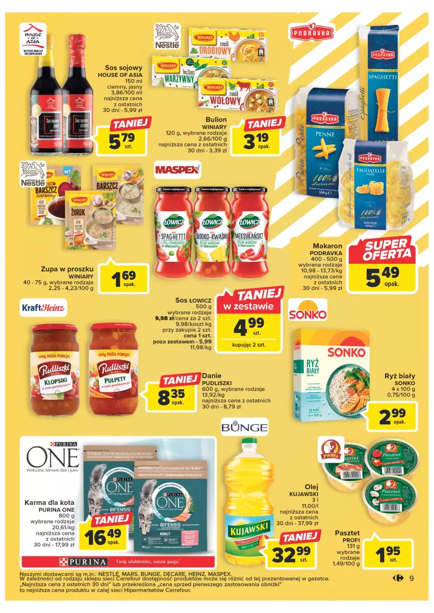 Gazetka promocyjna Carrefour - Gazetka Carrefour - ważna 10.01 do 21.01.2023 - strona 9 - produkty: Bulion, Gra, Heinz, House of Asia, Kosz, Kujawski, Lion, Makaron, Mars, Olej, Pasztet, Podravka, Por, Pudliszki, Pur, Purina, Ryż, Ryż biały, Sonko, Sos, Sos sojowy, Winiary, Zdrowie, Zupa