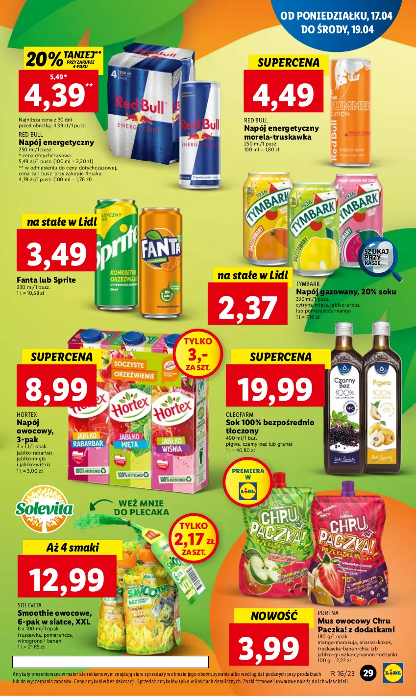 Gazetka promocyjna Lidl - GAZETKA - ważna 17.04 do 19.04.2023 - strona 35 - produkty: Ananas, Arbuz, Chia, Fa, Fanta, Gra, Granat, Hortex, Kokos, Mango, Mięta, Morela, Mus, Napój, Napój energetyczny, Napój gazowany, Oleo, Oleofarm, Plecak, Pur, Red Bull, Rodzynki, Smoothie, Sok, Sprite, Tymbark, Wino