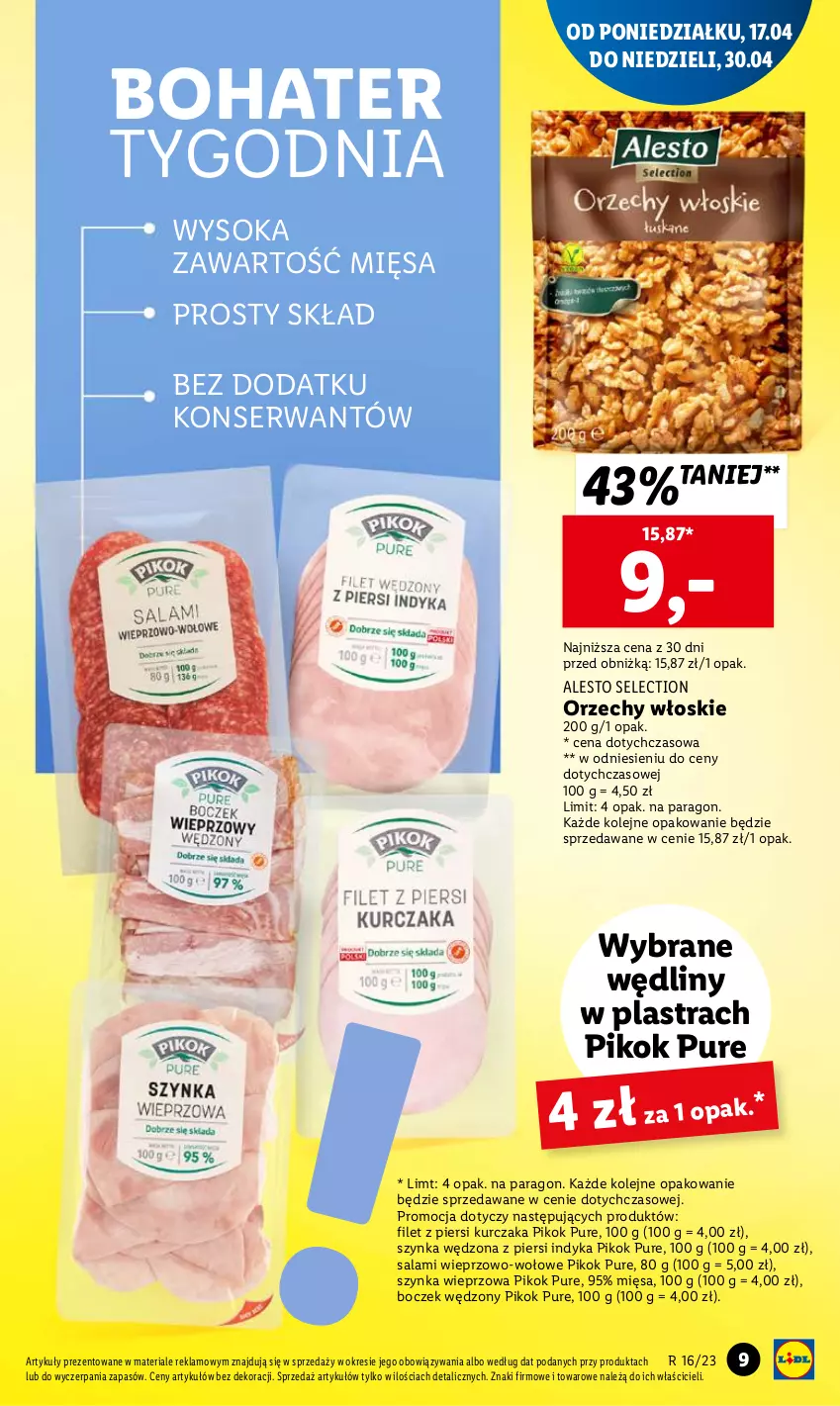 Gazetka promocyjna Lidl - GAZETKA - ważna 17.04 do 19.04.2023 - strona 9 - produkty: Boczek, Filet z piersi kurczaka, Kurczak, Olej, Orzechy włoskie, PIKOK, Pur, Salami, Ser, Sok, Szynka, Szynka wieprzowa