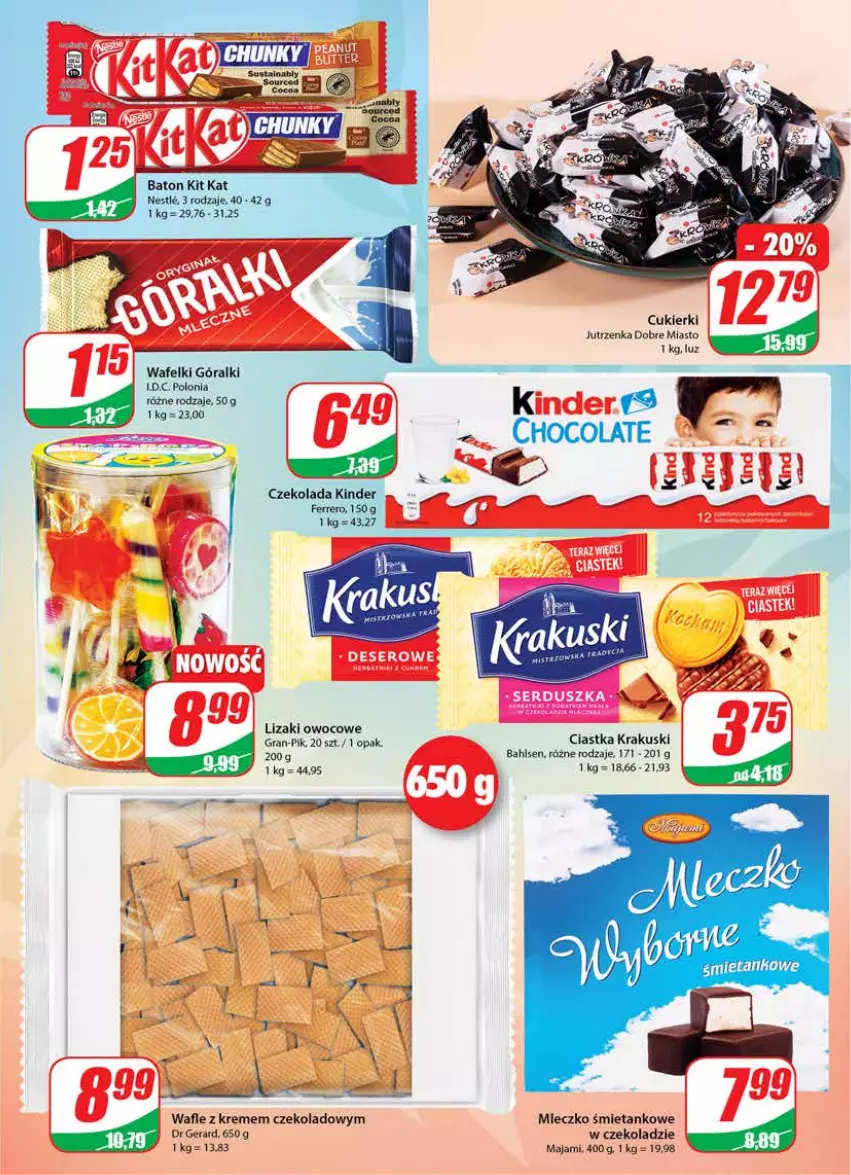 Gazetka promocyjna Dino - Gazetka - ważna 23.03 do 29.03.2022 - strona 3 - produkty: Baton, Ciastka, Cukier, Cukierki, Dr Gerard, Góralki, Gra, Jutrzenka, Kinder, Kit Kat, Krakus, Krakuski, Lizaki, Mleczko, Wafle