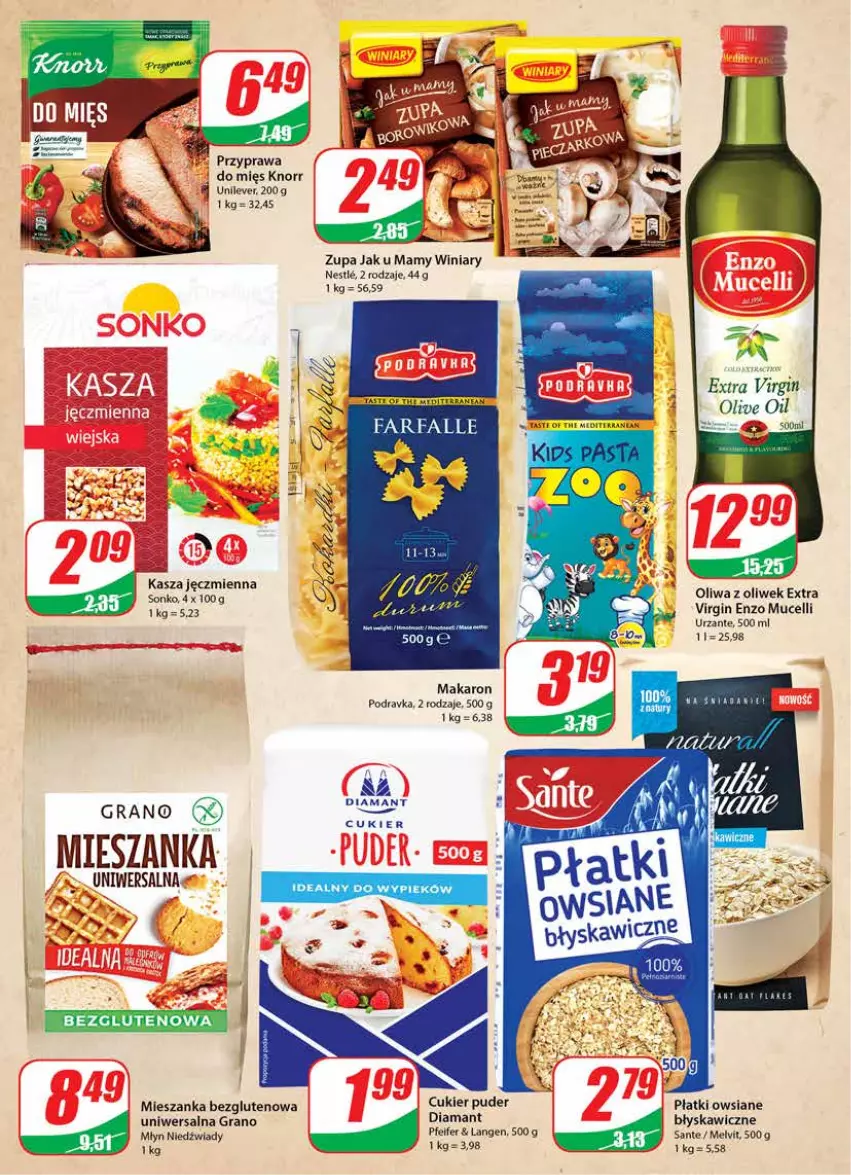 Gazetka promocyjna Dino - Gazetka - ważna 23.03 do 29.03.2022 - strona 8 - produkty: Cukier, Cukier puder, Diamant, Gin, Gra, Kasza, Kasza jęczmienna, Knorr, Makaron, Melvit, Oliwa z oliwek, Płatki owsiane, Podravka, Puder, Sante, Sonko, Winiary, Zupa