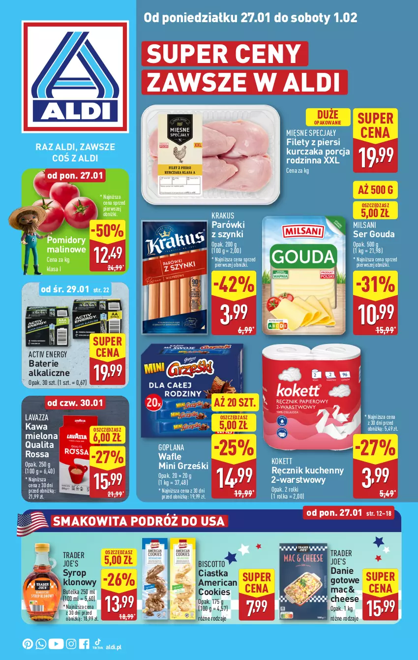 Gazetka promocyjna Aldi - Pełna oferta - ważna 27.01 do 01.02.2025 - strona 1 - produkty: Baterie alkaliczne, Ciastka, Danie gotowe, Goplana, Gouda, Grześki, Kawa, Kawa mielona, Krakus, Kurczak, LANA, Lavazza, Mięsne specjały, Mini Grześki, Parówki, Parówki z szynki, Pomidory, Por, Ręcznik, Ręcznik kuchenny, Rolki, Ser, Smakowita, Syrop, Wafle