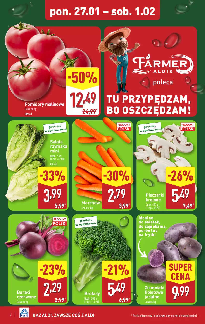 Gazetka promocyjna Aldi - Pełna oferta - ważna 27.01 do 01.02.2025 - strona 2 - produkty: Brokuły, Buraki, Frytki, Piec, Pieczarki krojone, Pomidory, Pur, Sałat, Ziemniaki