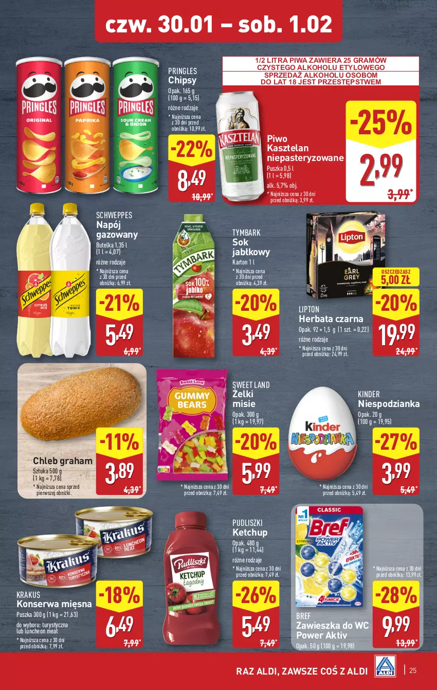 Gazetka promocyjna Aldi - Pełna oferta - ważna 27.01 do 01.02.2025 - strona 25 - produkty: Bref, Chipsy, Chleb, Gra, Herbata, Herbata czarna, Kasztelan, Ketchup, Kinder, Krakus, Lipton, Napój, Napój gazowany, Piwa, Piwo, Pringles, Pudliszki, Schweppes, Ser, Sok, Sok jabłkowy, Tymbark, Zawieszka do wc