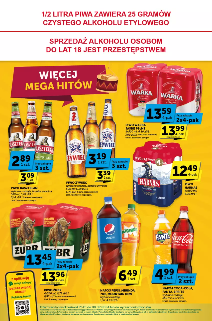 Gazetka promocyjna ABC - ważna 25.01 do 06.02.2024 - strona 4 - produkty: 7up, Coca-Cola, Fa, Fanta, Harnaś, Kasztelan, Mirinda, Napój, Pepsi, Piwo, Sprite, Tera, Warka