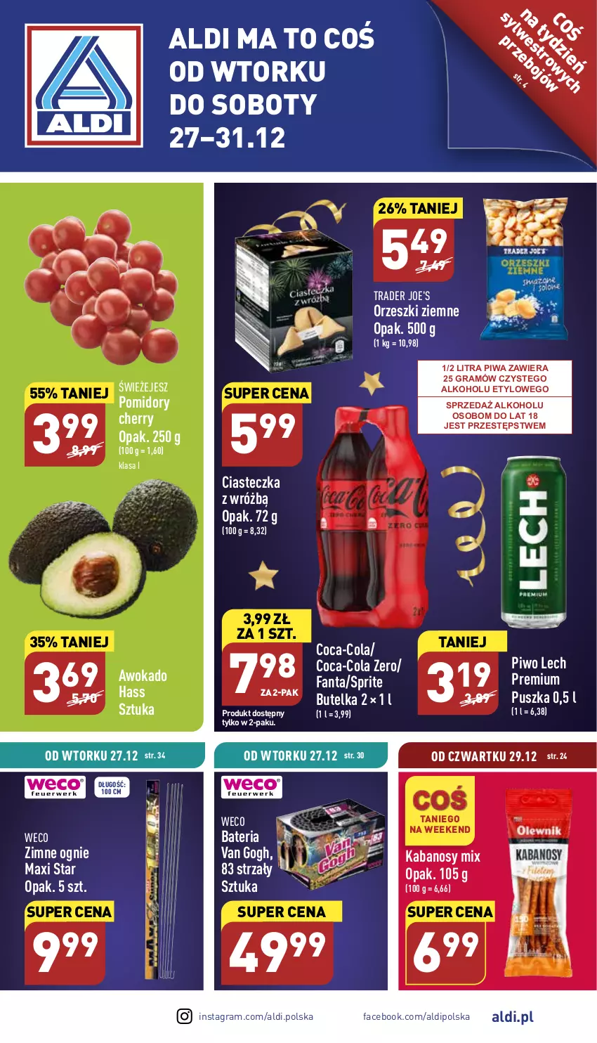 Gazetka promocyjna Aldi - Pełny katalog - ważna 27.12 do 31.12.2022 - strona 1 - produkty: Bateria, Coca-Cola, Fa, Fanta, Gra, Kabanos, Lech Premium, Orzeszki, Orzeszki ziemne, Piwa, Piwo, Pomidory, Sprite