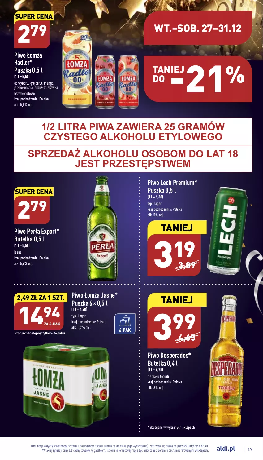 Gazetka promocyjna Aldi - Pełny katalog - ważna 27.12 do 31.12.2022 - strona 19 - produkty: Arbuz, Desperados, Gra, Grejpfrut, Lech Premium, Mango, Perła, Piwa, Piwo, Por, Radler