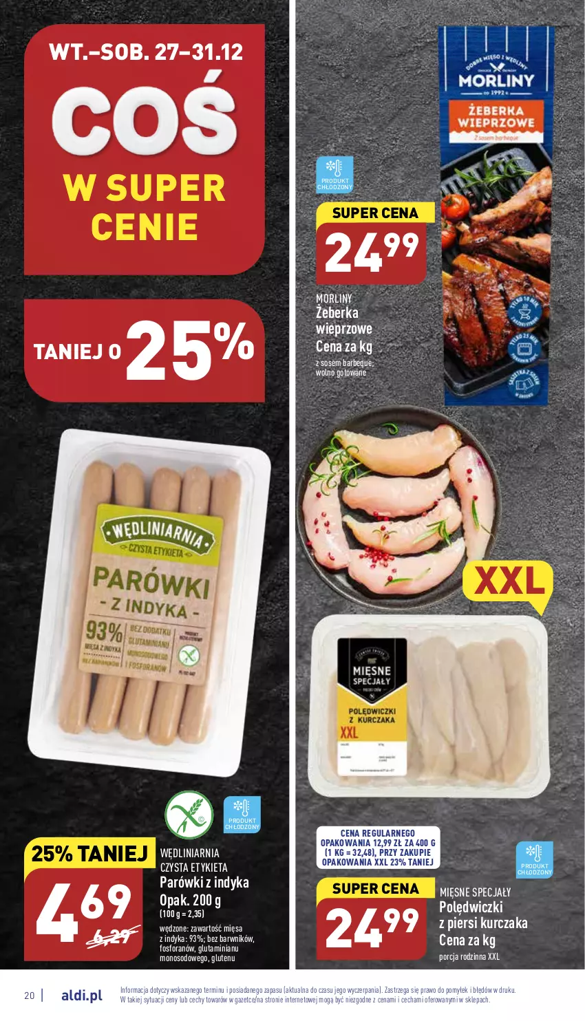 Gazetka promocyjna Aldi - Pełny katalog - ważna 27.12 do 31.12.2022 - strona 20 - produkty: Kurczak, Mięsne specjały, Morliny, Parówki, Parówki z indyka, Por, Sos