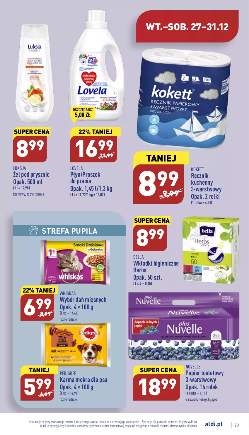 Gazetka promocyjna Aldi - Pełny katalog - ważna 27.12 do 31.12.2022 - strona 23 - produkty: Bell, Bella, Fa, Lovela, Luksja, Papier, Papier toaletowy, Pedigree, Proszek do prania, Ręcznik, Ręcznik kuchenny, Rolki, Whiskas, Wkładki