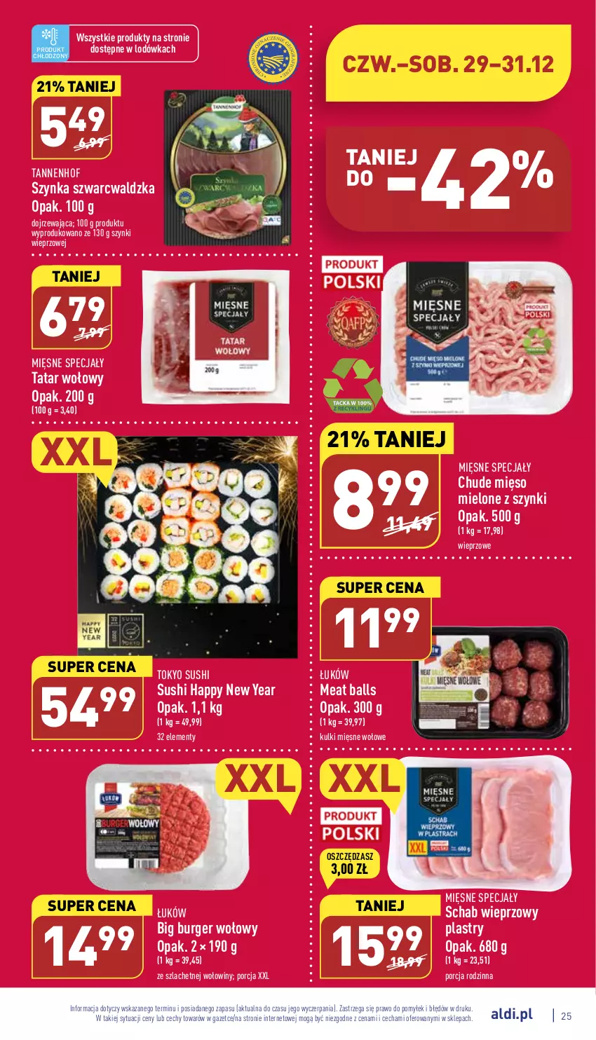 Gazetka promocyjna Aldi - Pełny katalog - ważna 27.12 do 31.12.2022 - strona 25 - produkty: Burger, Lodówka, Mięsne specjały, Mięso, Mięso mielone, Mięso mielone z szynki, Por, Schab wieprzowy, Sushi, Szynka, Tatar wołowy