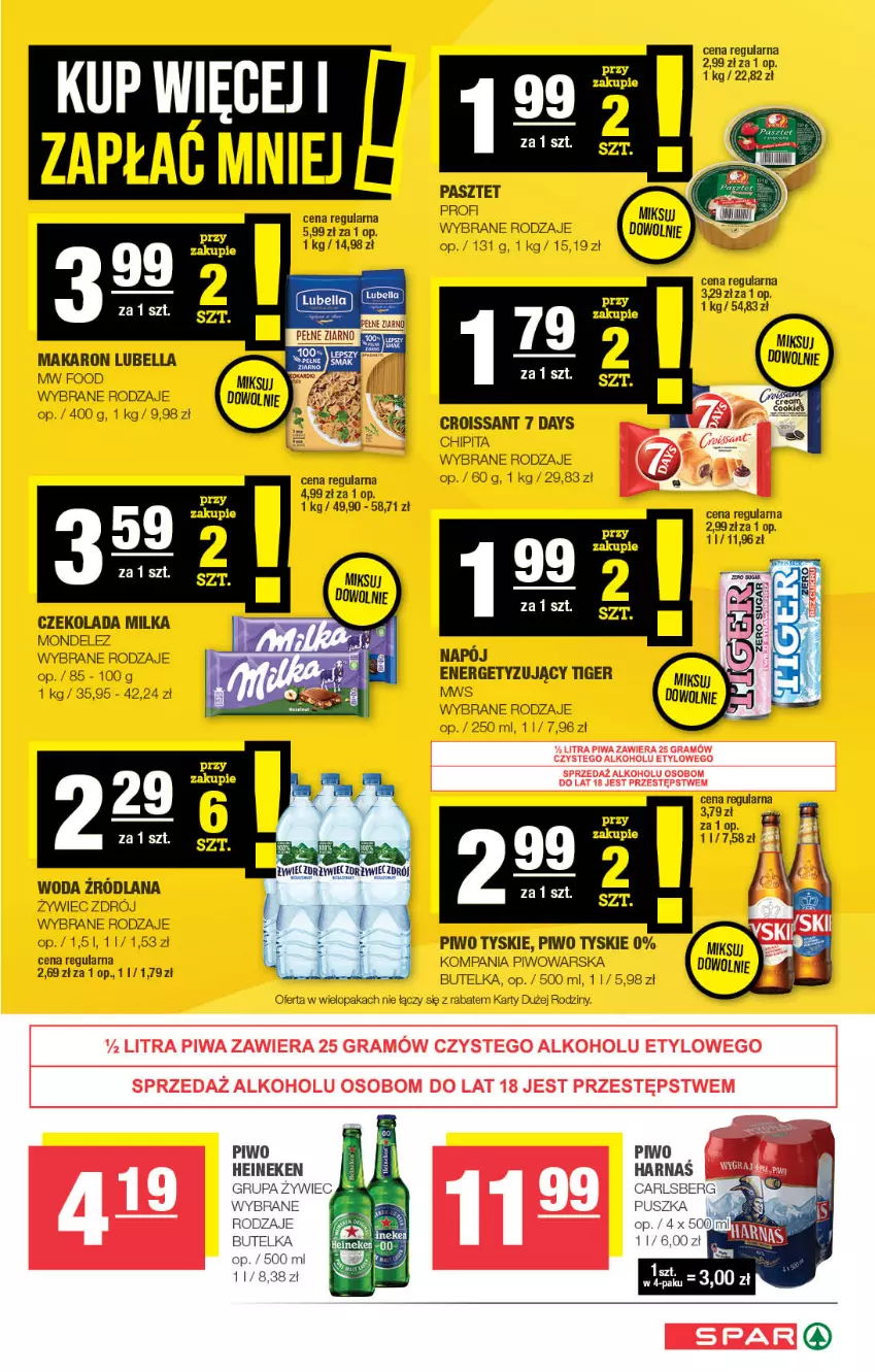 Gazetka promocyjna Spar - Spar - ważna 13.08 do 23.08.2023 - strona 5 - produkty: 7 Days, Bell, Bella, Carlsberg, Croissant, Czekolada, Heineken, LANA, Lubella, Makaron, Milka, Pasztet, Piwo, Tiger, Tyskie, Woda