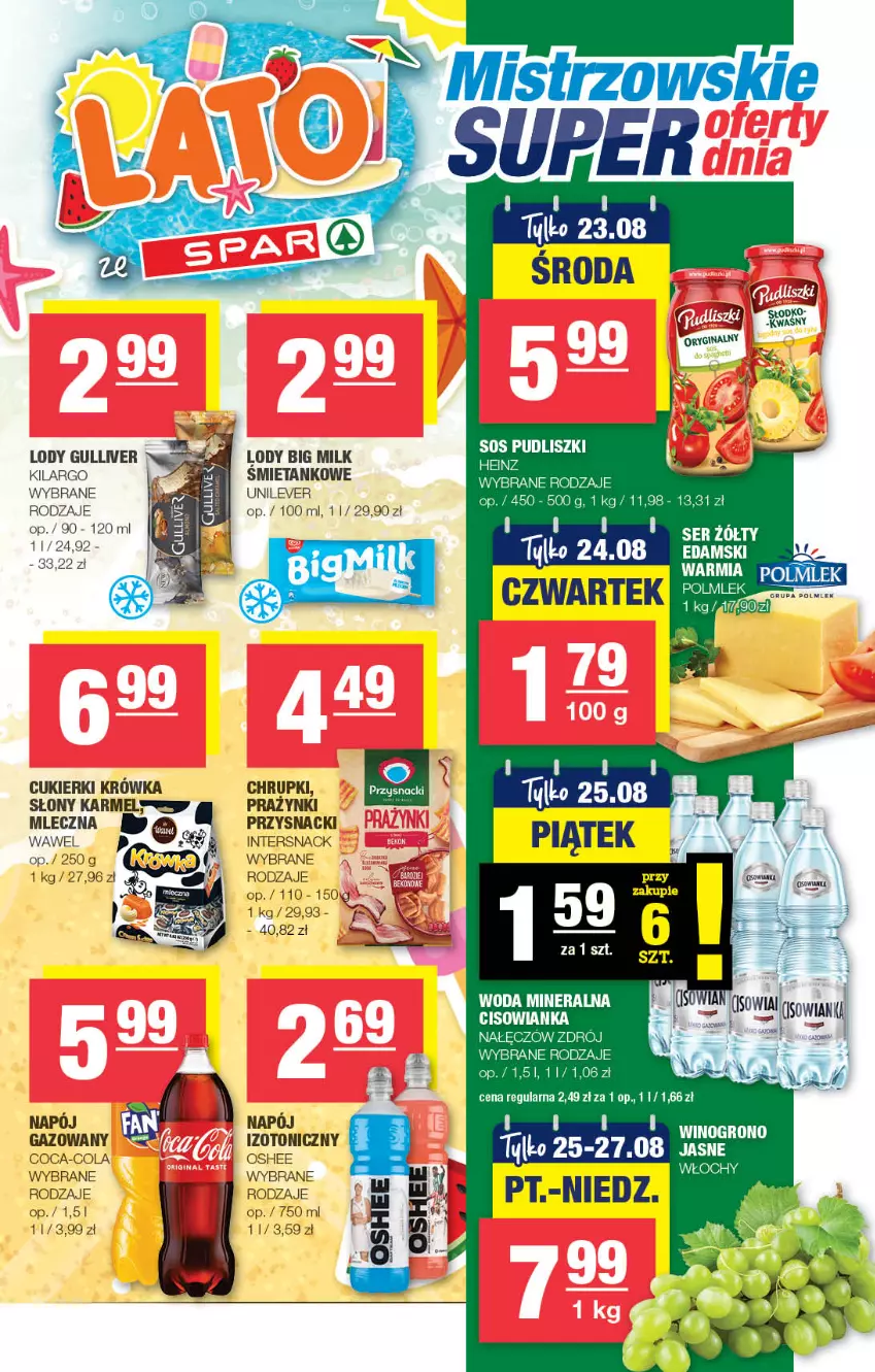 Gazetka promocyjna Spar - Spar - ważna 13.08 do 23.08.2023 - strona 7 - produkty: Big Milk, Coca-Cola, Cukier, Cukierki, Gin, Lody, Napój, Napój gazowany, Oshee, Przysnacki, Wawel