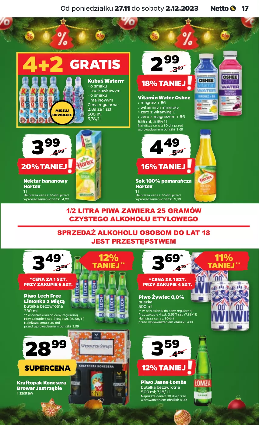 Gazetka promocyjna Netto - Artykuły spożywcze - ważna 27.11 do 02.12.2023 - strona 17 - produkty: Gra, Hortex, Kubuś, Kubuś Waterrr, Limonka, Magnez, Nektar, Nektar bananowy, Oshee, Piwa, Piwo, Piwo jasne, Ser, Sok, Top