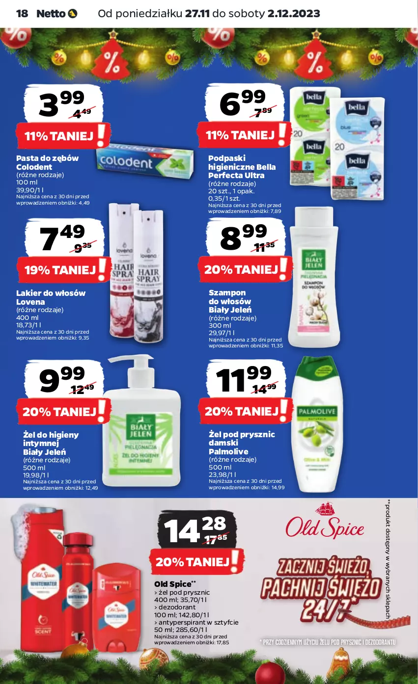 Gazetka promocyjna Netto - Artykuły spożywcze - ważna 27.11 do 02.12.2023 - strona 18 - produkty: Antyperspirant, Bell, Bella, Biały Jeleń, Dezodorant, Lakier, Lakier do włosów, Old Spice, Palmolive, Pasta do zębów, Perfecta, Podpaski, Szampon