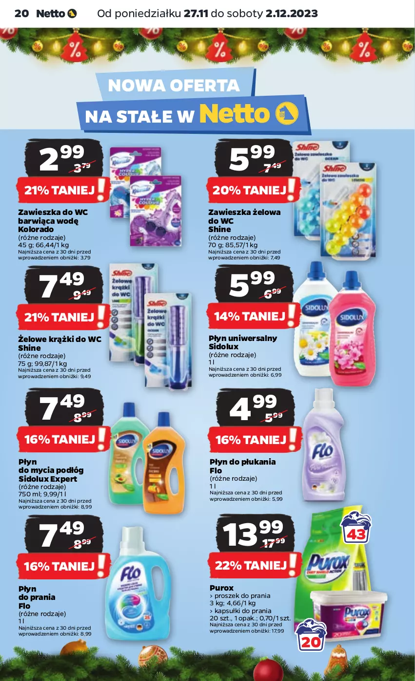 Gazetka promocyjna Netto - Artykuły spożywcze - ważna 27.11 do 02.12.2023 - strona 20 - produkty: Kapsułki do prania, Kolorado, Płyn do mycia, Płyn do mycia podłóg, Płyn do płukania, Płyn do prania, Proszek do prania, Pur, Sidolux, Zawieszka do wc