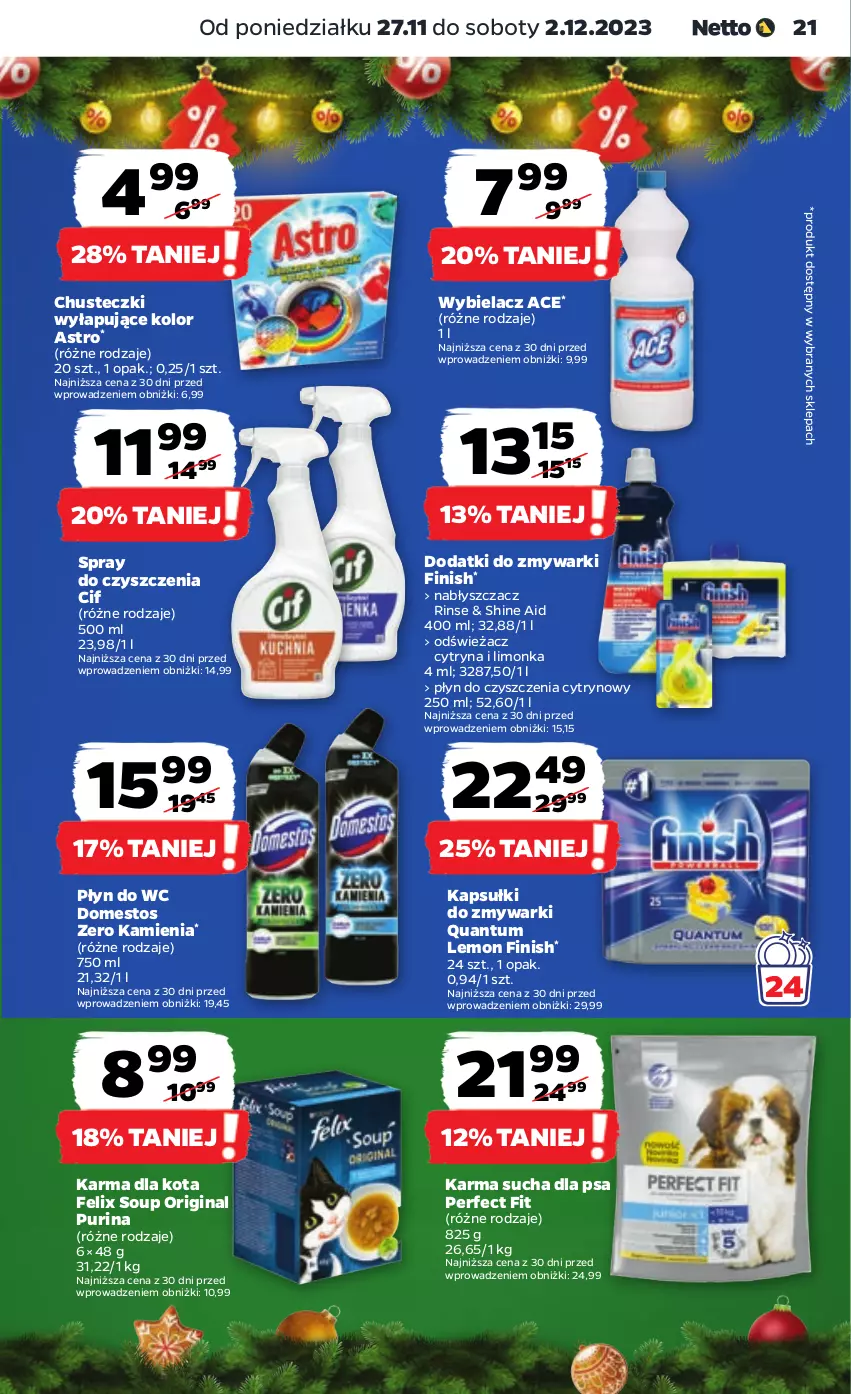 Gazetka promocyjna Netto - Artykuły spożywcze - ważna 27.11 do 02.12.2023 - strona 21 - produkty: Chusteczki, Cif, Domestos, Felix, Finish, Gin, Limonka, Płyn do wc, Pur, Purina, Spray do czyszczenia, Zmywarki