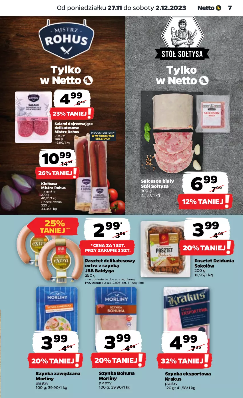 Gazetka promocyjna Netto - Artykuły spożywcze - ważna 27.11 do 02.12.2023 - strona 7 - produkty: Kiełbasa, Krakus, Morliny, Pasztet, Por, Salami, Salceson, Sok, Sokołów, Sport, Stół, Szynka