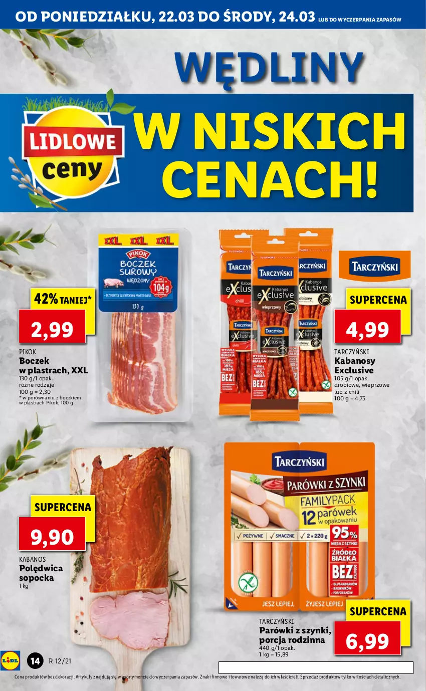 Gazetka promocyjna Lidl - Wielkanoc - ważna 22.03 do 24.03.2021 - strona 14 - produkty: Boczek, Kabanos, Parówki, Parówki z szynki, PIKOK, Polędwica, Por, Tarczyński