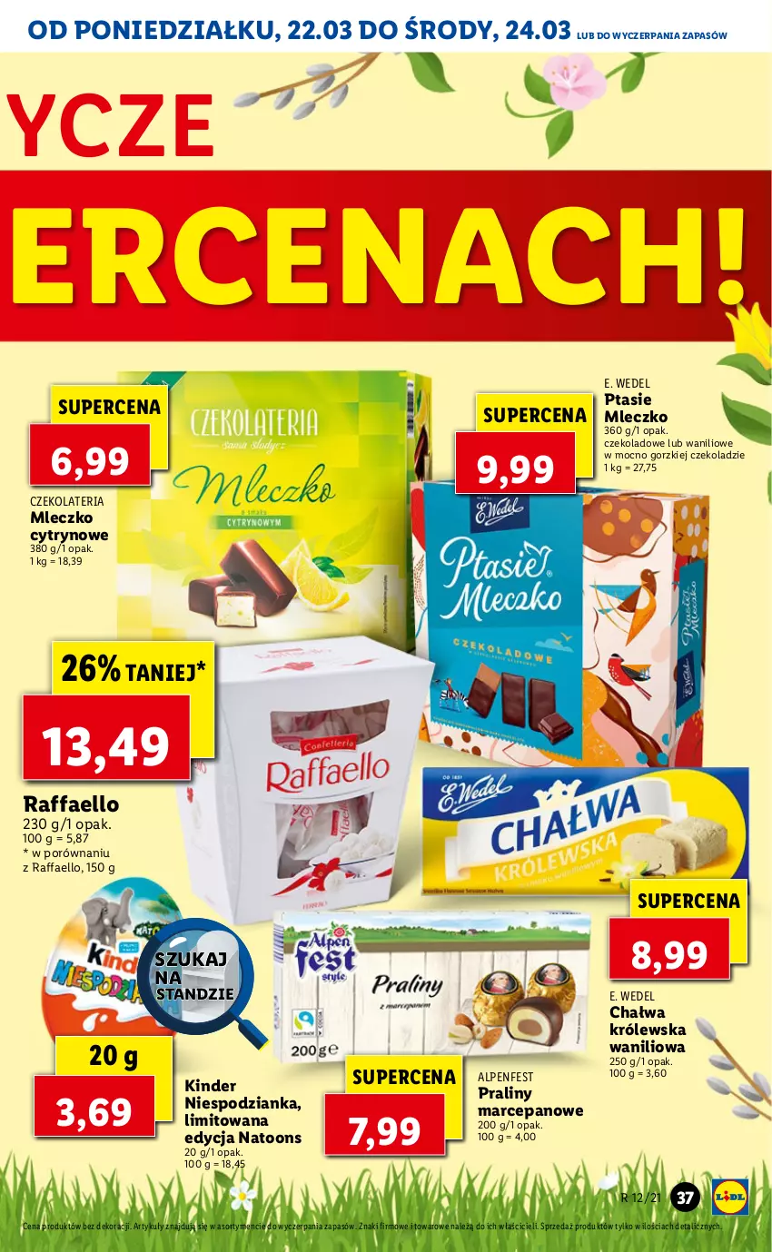 Gazetka promocyjna Lidl - Wielkanoc - ważna 22.03 do 24.03.2021 - strona 37 - produkty: Chałwa, E. Wedel, Fa, Kinder, Mleczko, Por, Praliny, Ptasie mleczko, Raffaello