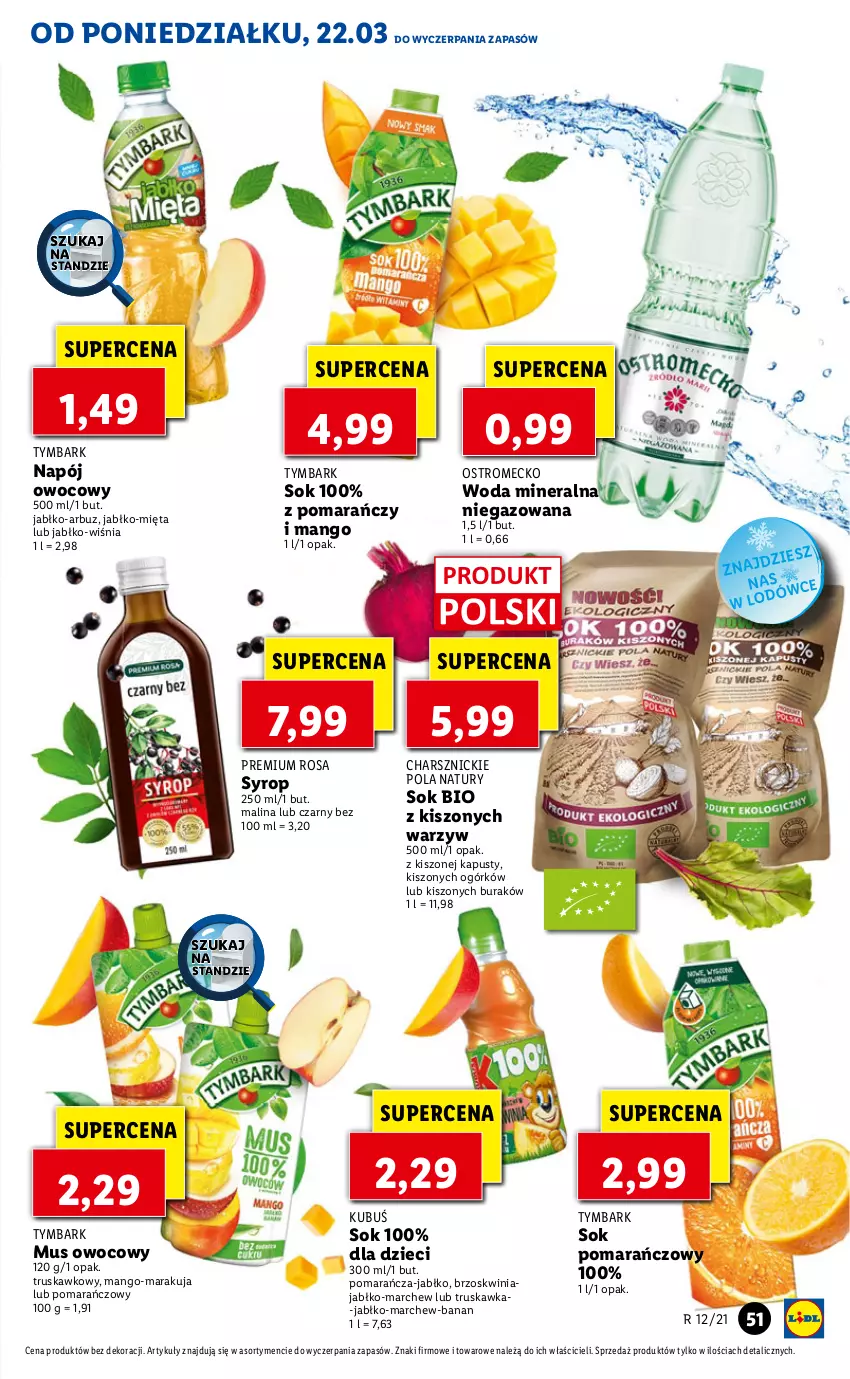 Gazetka promocyjna Lidl - Wielkanoc - ważna 22.03 do 24.03.2021 - strona 51 - produkty: Arbuz, Dzieci, Kubuś, Mango, Mięta, Mus, Napój, Sok, Sok pomarańczowy, Syrop, Tymbark, Woda, Woda mineralna