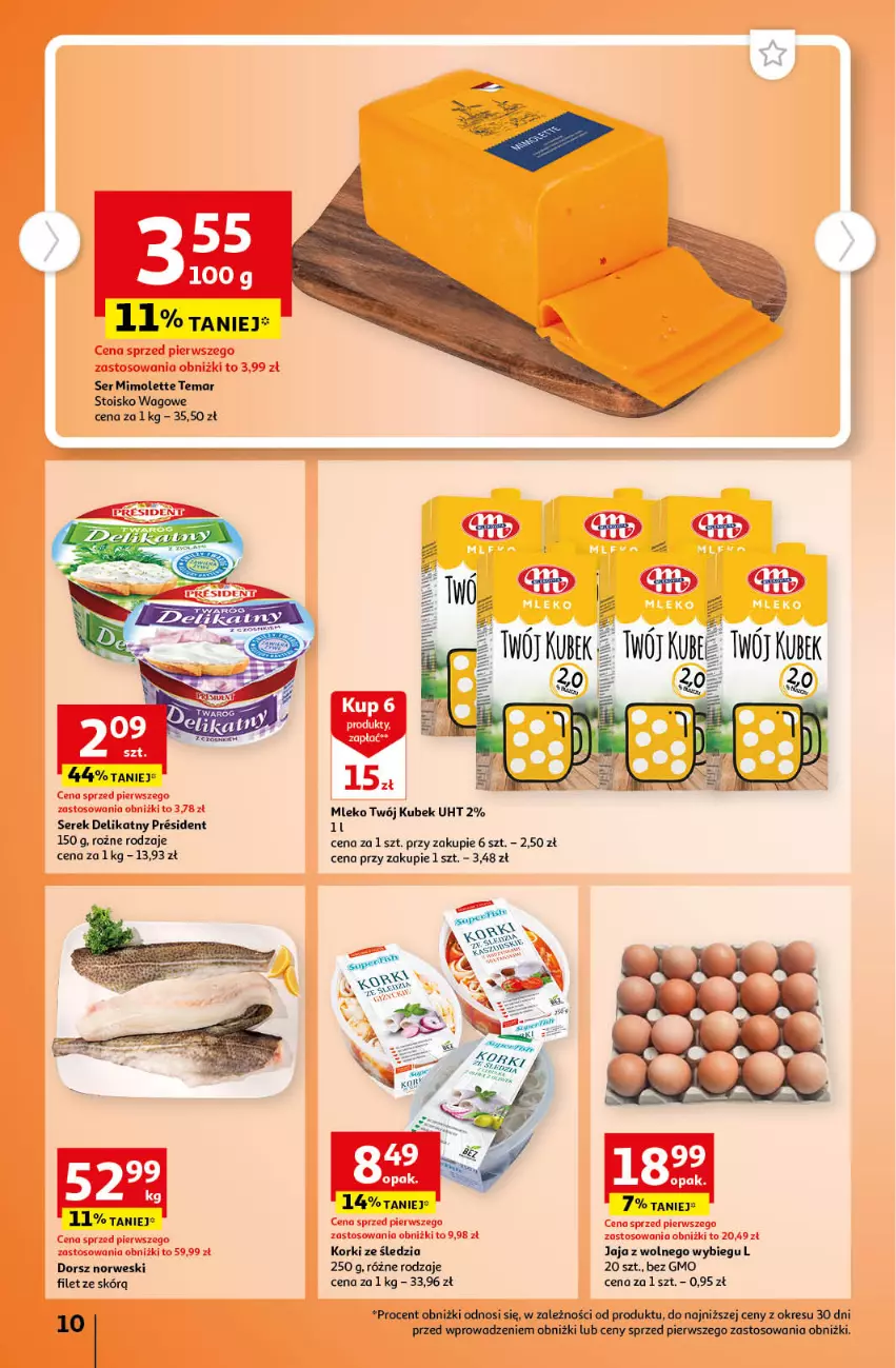 Gazetka promocyjna Auchan - Gazetka Cyfrowa Wyprawka Szkolna Hipermarket Auchan - ważna 17.08 do 23.08.2023 - strona 10 - produkty: Dorsz, Jaja, Jaja z wolnego wybiegu, Kubek, Mimolette, Mleko, Ser, Serek