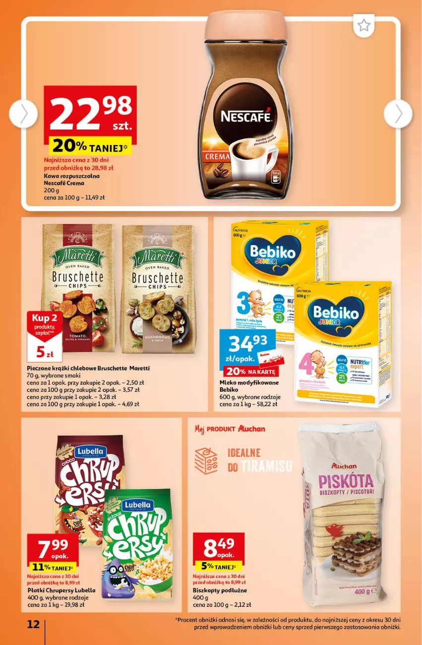 Gazetka promocyjna Auchan - Gazetka Cyfrowa Wyprawka Szkolna Hipermarket Auchan - ważna 17.08 do 23.08.2023 - strona 12 - produkty: Bebiko, Bell, Bella, Biszkopty, Bruschette, Chleb, Kawa, Kawa rozpuszczalna, Lubella, Mleko, Mleko modyfikowane, Piec