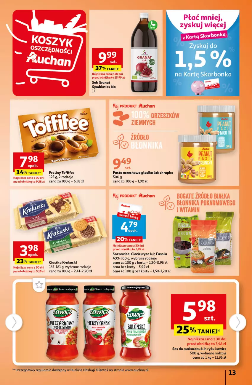 Gazetka promocyjna Auchan - Gazetka Cyfrowa Wyprawka Szkolna Hipermarket Auchan - ważna 17.08 do 23.08.2023 - strona 13 - produkty: Ciastka, Fa, Fasola, Gra, Granat, Krakus, Krakuski, Makaron, Piec, Podgrzybki, Praliny, Ryż, Sok, Sos, Sos do makaronu, Toffifee