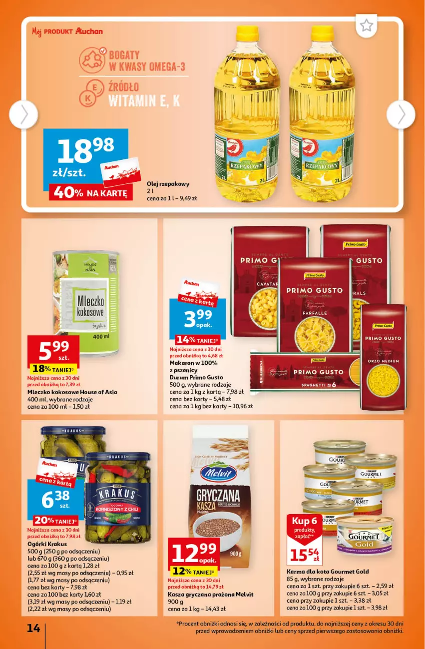 Gazetka promocyjna Auchan - Gazetka Cyfrowa Wyprawka Szkolna Hipermarket Auchan - ważna 17.08 do 23.08.2023 - strona 14 - produkty: Gourmet Gold, Gry, House of Asia, Kasza, Kasza gryczana, Kokos, Krakus, Makaron, Melvit, Mleczko, Olej, Olej rzepakowy, Rum