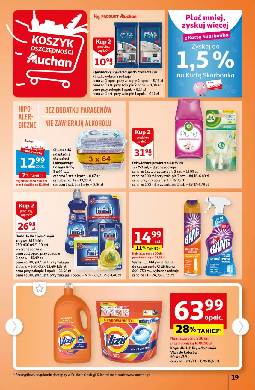 Gazetka promocyjna Auchan - Gazetka Cyfrowa Wyprawka Szkolna Hipermarket Auchan - ważna 17.08 do 23.08.2023 - strona 19 - produkty: Air Wick, Chusteczki, Cillit Bang, Dzieci, Finish, Odświeżacz powietrza, Płyn do prania, Vizir, Zmywarki