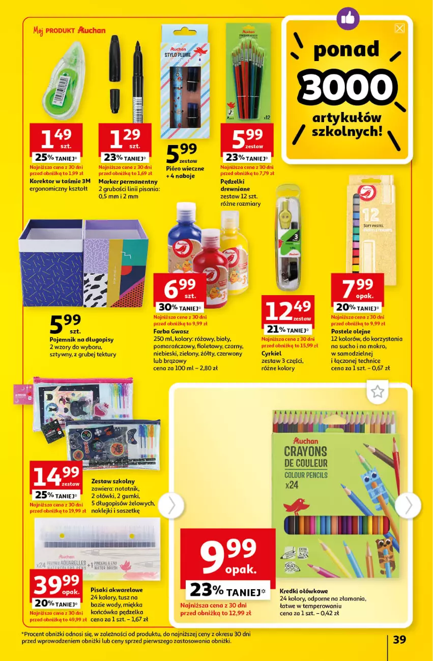 Gazetka promocyjna Auchan - Gazetka Cyfrowa Wyprawka Szkolna Hipermarket Auchan - ważna 17.08 do 23.08.2023 - strona 39 - produkty: Długopis, Fa, Klej, Marker, Olej, Pastele olejne, Pojemnik, Por, Tusz