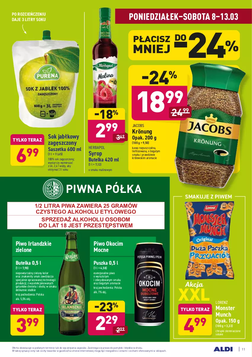 Gazetka promocyjna Aldi - ALE! CENA w ALDI - ważna 08.03 do 20.03.2021 - strona 11 - produkty: Chrupki, Cień, Gra, Herbapol, Jacobs, Kawa, Kawa rozpuszczalna, Koc, Królewski, Lorenz, Monster Munch, Okocim, Piwa, Piwo, Półka, Sok, Sok jabłkowy, Syrop, Tera