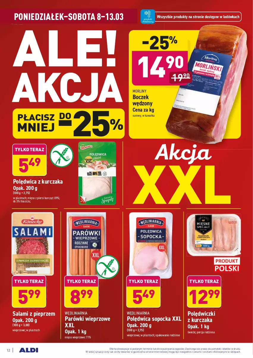 Gazetka promocyjna Aldi - ALE! CENA w ALDI - ważna 08.03 do 20.03.2021 - strona 12 - produkty: Boczek, Kawa, Kurczak, Lodówka, Mięso, Mięso wieprzowe, Morliny, Parówki, Pieprz, Polędwica, Por, Salami, Tera