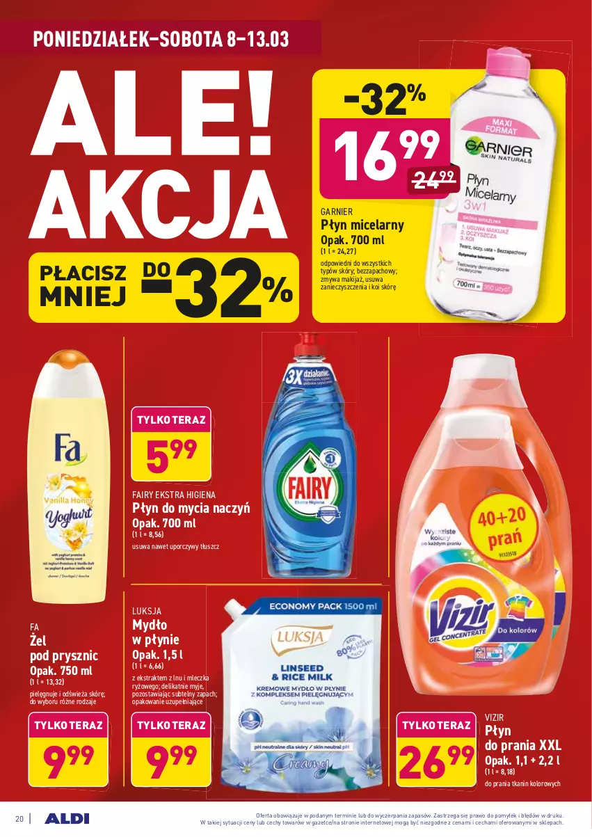 Gazetka promocyjna Aldi - ALE! CENA w ALDI - ważna 08.03 do 20.03.2021 - strona 20 - produkty: Do mycia naczyń, Fa, Fairy, Garnier, Luksja, Makijaż, Mydło, Mydło w płynie, Płyn do mycia, Płyn do mycia naczyń, Płyn do prania, Płyn micelarny, Por, Ryż, Tera, Vizir