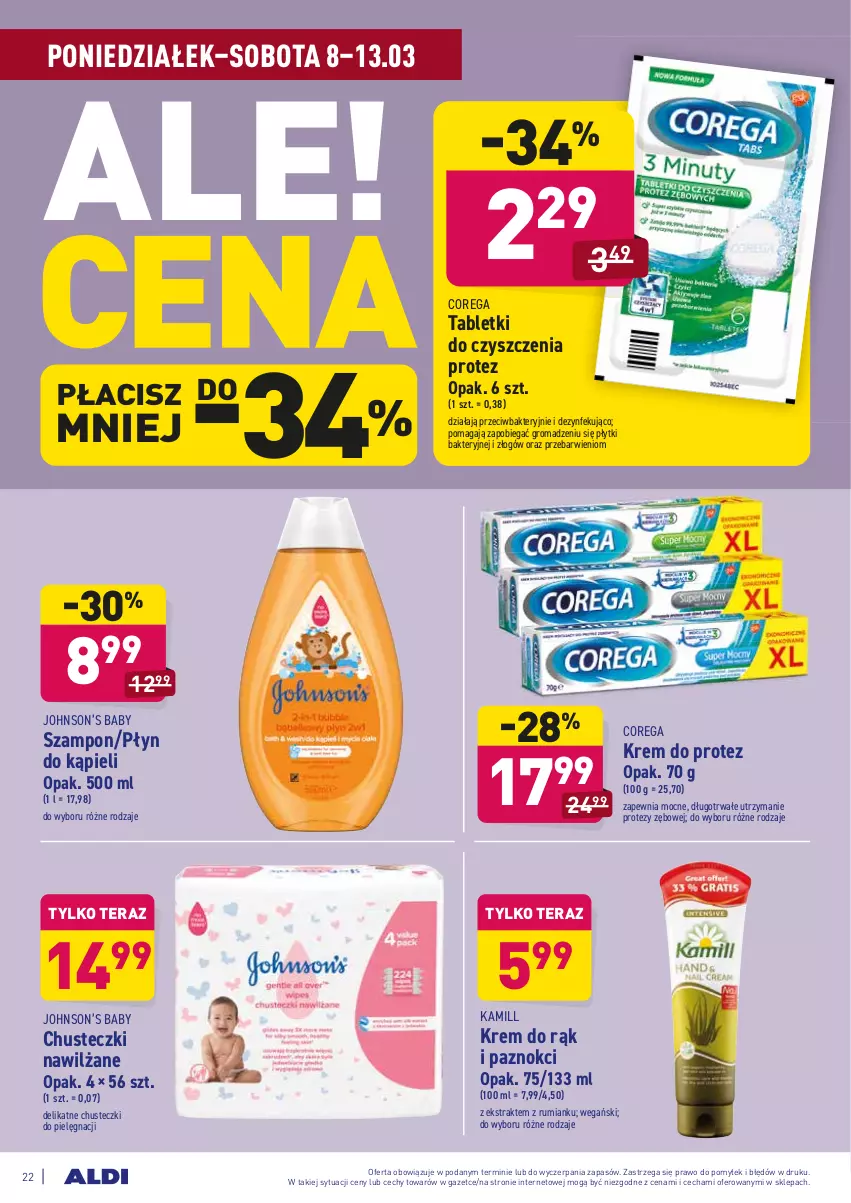 Gazetka promocyjna Aldi - ALE! CENA w ALDI - ważna 08.03 do 20.03.2021 - strona 22 - produkty: Chusteczki, Corega, Kamill, Krem do rąk, Płyn do kąpieli, Rum, Szampon, Tablet, Tera