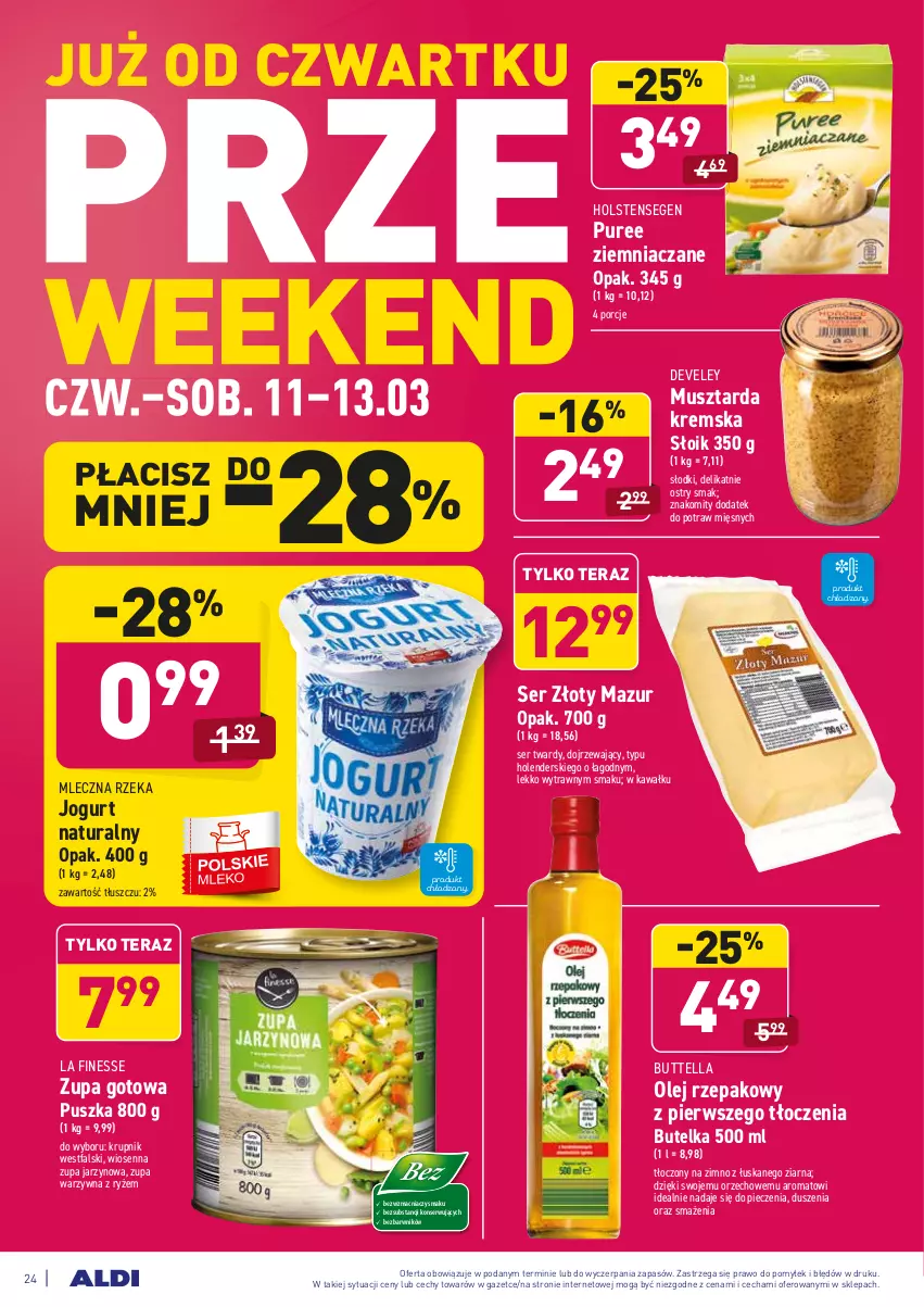 Gazetka promocyjna Aldi - ALE! CENA w ALDI - ważna 08.03 do 20.03.2021 - strona 24 - produkty: Fa, Jogurt, Jogurt naturalny, Kawa, Krupnik, Mleczna Rzeka, Mus, Musztarda, Olej, Olej rzepakowy, Piec, Por, Pur, Ryż, Ser, Tera, Złoty Mazur, Zupa