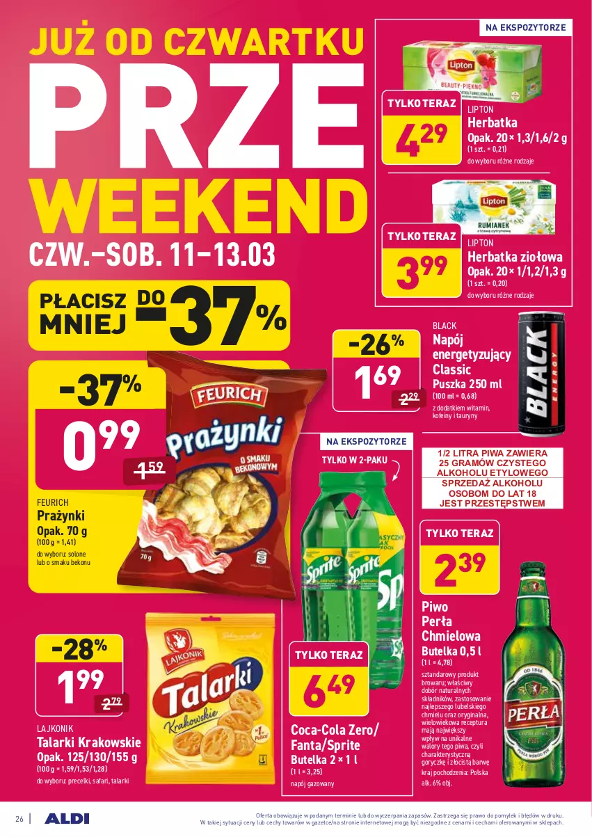 Gazetka promocyjna Aldi - ALE! CENA w ALDI - ważna 08.03 do 20.03.2021 - strona 26 - produkty: Beko, Coca-Cola, Fa, Fanta, Gin, Gra, Lack, Lajkonik, Lipton, Napój, Napój gazowany, Perła, Piwa, Piwo, Precelki, Sprite, Tera