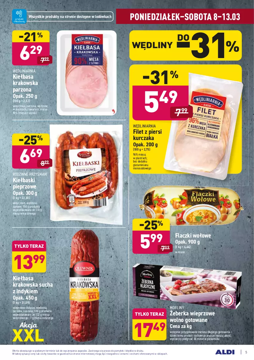 Gazetka promocyjna Aldi - ALE! CENA w ALDI - ważna 08.03 do 20.03.2021 - strona 5 - produkty: Filet z piersi kurczaka, Flaczki wołowe, Kiełbasa, Kiełbasa krakowska, Kiełbaski pieprzowe, Kurczak, Lodówka, Mięso, Morliny, Piekarnik, Pieprz, Przysmaki, Tera