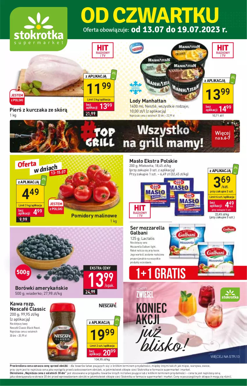 Gazetka promocyjna Stokrotka - Supermarket - ważna 13.07 do 19.07.2023 - strona 1 - produkty: Galbani, Gra, Kawa, Kurczak, Lack, Lody, Masło, Mięso, Mleko, Mlekovita, Mozzarella, Nescafé, Nestlé, Owoce, Pomidory, Por, Ser, Warzywa