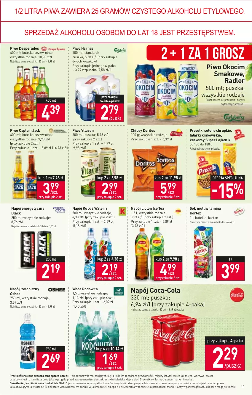 Gazetka promocyjna Stokrotka - Supermarket - ważna 13.07 do 19.07.2023 - strona 12 - produkty: Captain Jack, Chipsy, Chrupki, Coca-Cola, Desperados, Gra, Harnaś, Hortex, Ice tea, Koc, Krakersy, Kubuś, Kubuś Waterrr, Lack, Lajkonik, Lipton, Mięso, Napój, Napój energetyczny, Napój izotoniczny, Okocim, Oshee, Owoce, Piwa, Piwo, Precelki, Radler, Sok, Warzywa, Woda