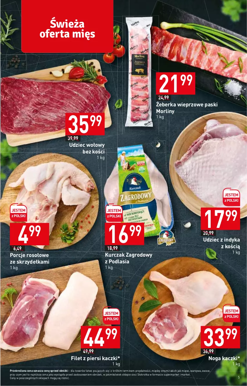 Gazetka promocyjna Stokrotka - Supermarket - ważna 13.07 do 19.07.2023 - strona 5 - produkty: Filet z piersi kaczki, Kurczak, Mięso, Morliny, Owoce, Por, Udziec wołowy, Udziec z indyka, Warzywa