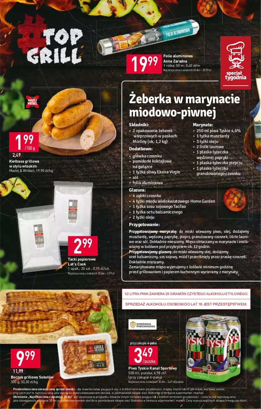 Gazetka promocyjna Stokrotka - Supermarket - ważna 13.07 do 19.07.2023 - strona 6 - produkty: Boczek, Folia aluminiowa, Gra, Grill, Kiełbasa, Mięso, Owoce, Papier, Piwa, Piwo, Por, Sok, Sokołów, Sport, Tyskie, Warzywa