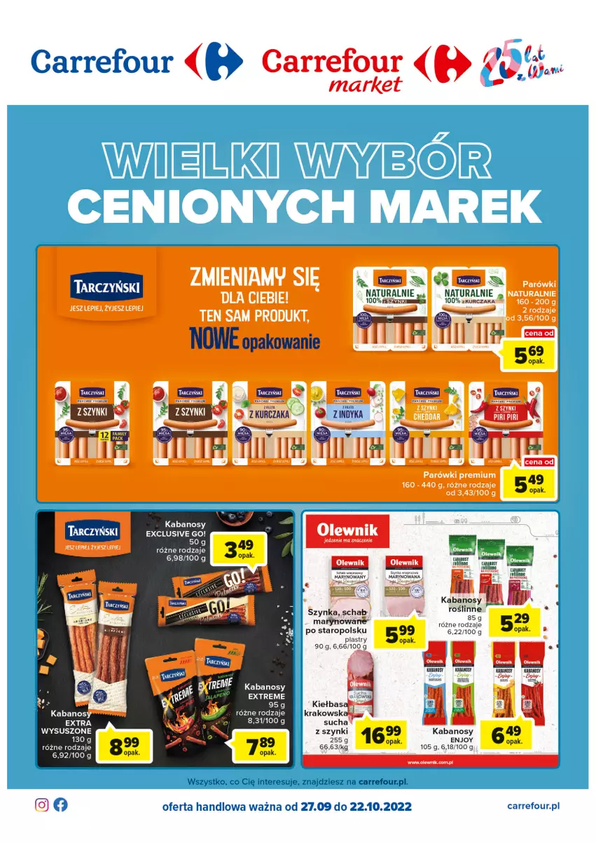 Gazetka promocyjna Carrefour - Gazetka Wielki wybór cenionych marek - ważna 27.09 do 22.10.2022 - strona 1 - produkty: Kabanos, Kiełbasa, LG, Parówki, Szynka, Tarczyński