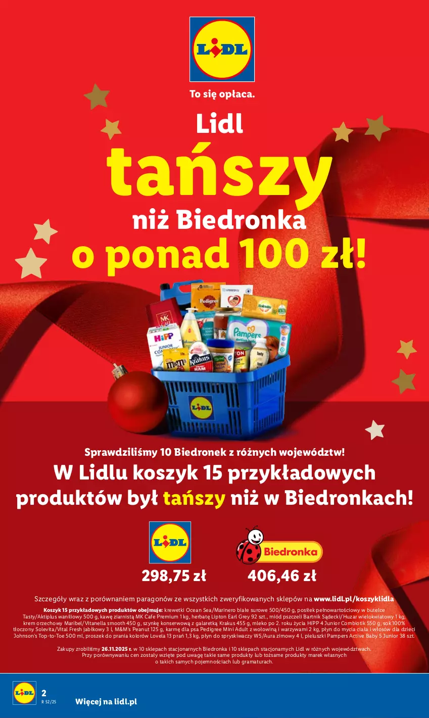 Gazetka promocyjna Lidl - GAZETKA - ważna 22.12 do 23.12.2025 - strona 2 - produkty: Aktiplus, Dron, Dzieci, Earl Grey, Gala, Gra, HiPP, Kosz, Krakus, Krem orzechowy, Krewetki, Lipton, Lovela, Miód, Mleko, Pampers, Pedigree, Płyn do mycia, Płyn do spryskiwaczy, Por, Proszek do prania, Rama, Ser, Sok, Top, Warzywa