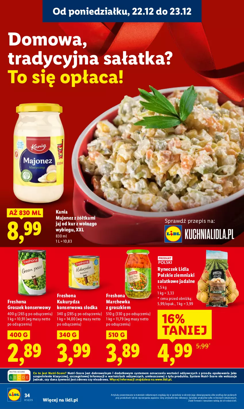 Gazetka promocyjna Lidl - GAZETKA - ważna 22.12 do 23.12.2025 - strona 36 - produkty: Groszek, Kukurydza, Kukurydza konserwowa, Majonez, Marchewka, Sałat, Sałatka, Ser, Ziemniaki