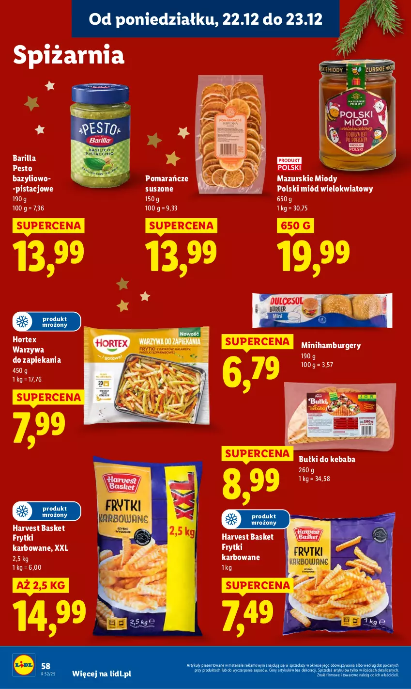 Gazetka promocyjna Lidl - GAZETKA - ważna 22.12 do 23.12.2025 - strona 60 - produkty: Barilla, Bazyl, Burger, Frytki, Hamburger, Hortex, Kebab, Miód, Pesto, Pomarańcze, Warzywa
