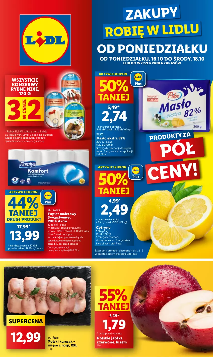 Gazetka promocyjna Lidl - GAZETKA - ważna 16.10 do 18.10.2023 - strona 1 - produkty: Anew, Cytryny, Flora, Jabłka, Kurczak, Masło, Mięso, Olej, Papier, Papier toaletowy, Pilos, Ser